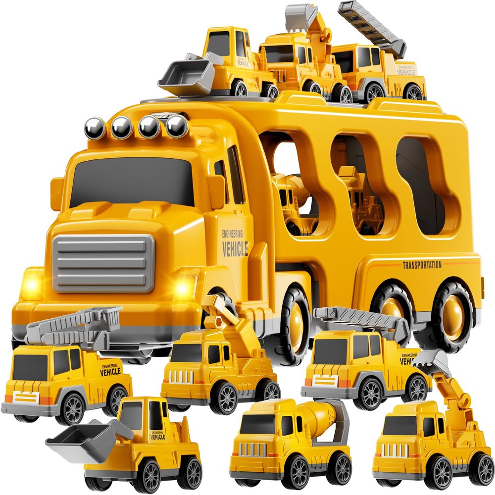KIZONLY Construction Trucks Toys for 2 3 4 5 Years Old Boys - 7-in-1 Carrier Transport Vehicle Trucks for Kids 1-3 3-5, Car Toys with Light Sound, Birthdays Gifts Set for Kids Age 3-9