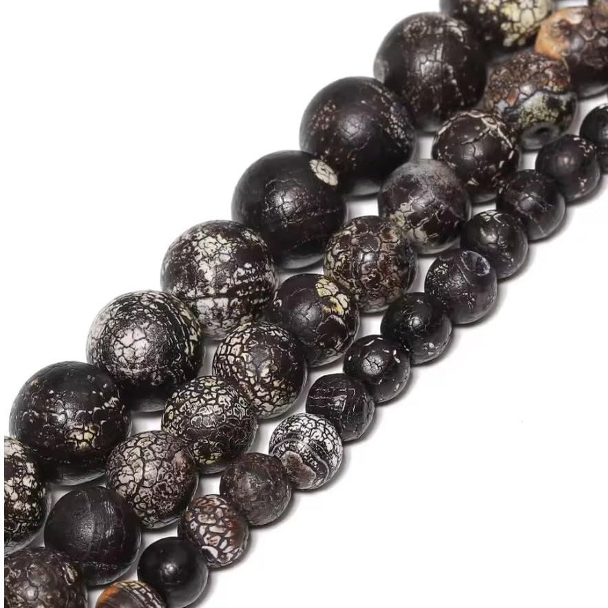 6/8/10mm Black Cracked Old Agate Beads Natural Stone Round Spacer Beads for Making DIY Bracelets Accessories 15'',Black Cracked,6mm (Approx 61pcs)