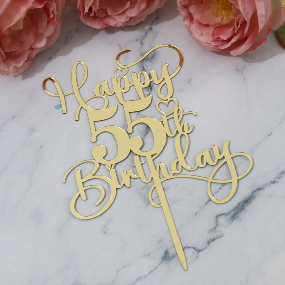 Ruscalin Happy 55th Birthday Cake TopperMirrored Gold Acrylic Topper for Cheers to 55 Years Birthday/Anniversary Party Decoration Ideas, Perfect Keepsake for your family and friends (55th)