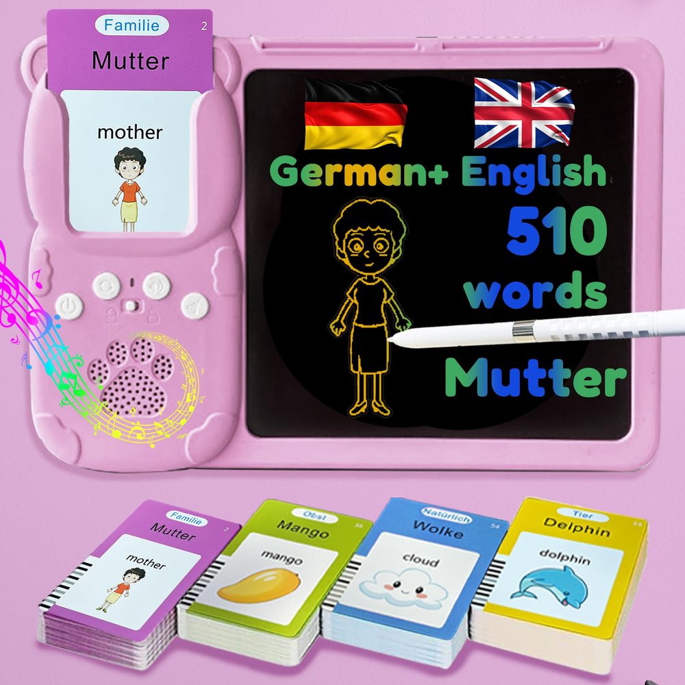 MoLingvora Writing Tablet with Bilingual Flash Cards for Kids, German, Pink