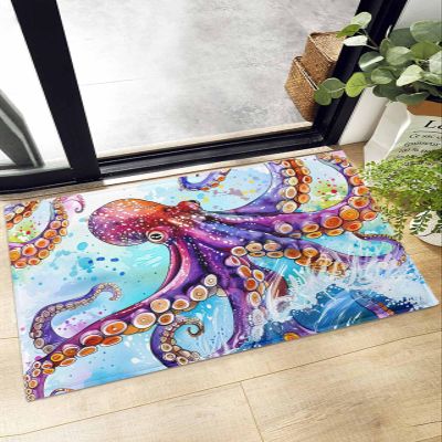 Indoor Doormat Watercolor Marine Octopus,Shaggy Floor Mat with Non-Skid Backing Ocean Huge Monster Surfing,Machine Washable Plush Area Rug Carpets for Kitchen Nursery Bedroom