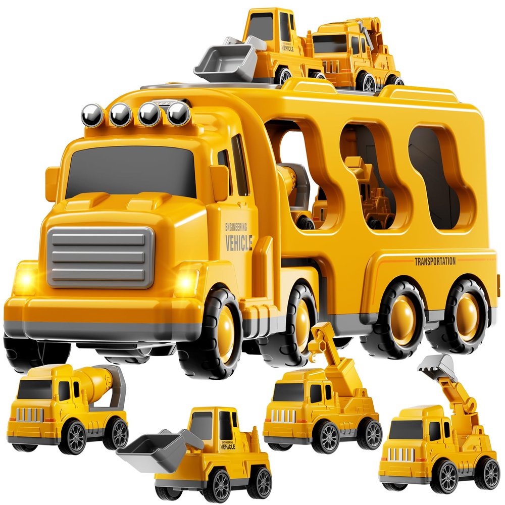 KIZONLY Construction Trucks Toys for 2 3 4 5 Years Old Boys - 5-in-1 Carrier Transport Vehicle Truck for Toddlers 2-4 Years with Crane, Mixer, Pushdozer and Excavator, Car Toys Birthdays Gift