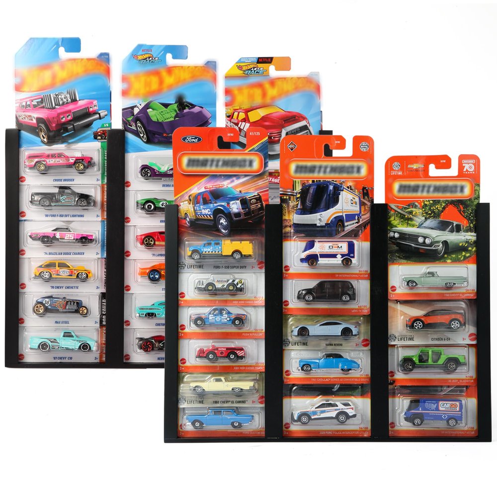 2 Pack Storage Case Compatible with Hot Packaged Wheels Cars, Wood Toy Car Display Case Wall Mount for Diecast Cars, Two Model Car Display Shelf Rack Holds Up to 42, Black