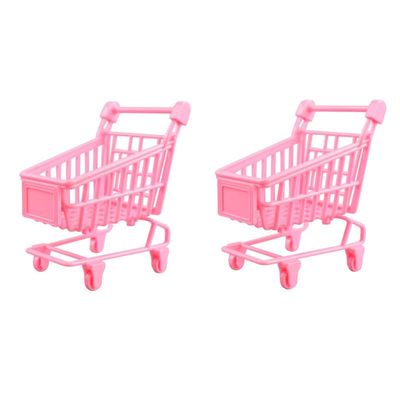 Toddmomy 2 Pack Mini Pink Shopping Cart Desktop Organizer, Cute Plastic Miniature Grocery Cart for Kids Play, Office Desk Accessories, Party Favor Gift
