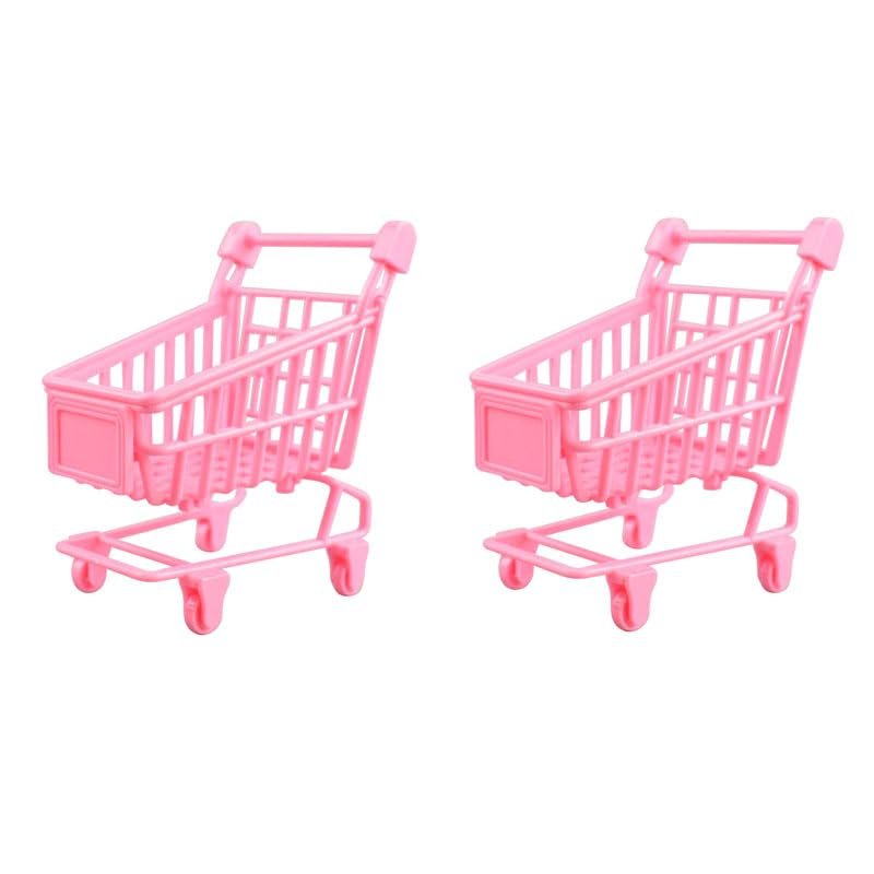 Toddmomy 2 Pack Mini Pink Shopping Cart Desktop Organizer, Cute Plastic Miniature Grocery Cart for Kids Play, Office Desk Accessories, Party Favor Gift
