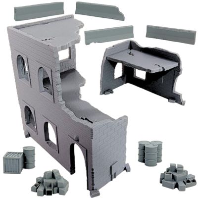 Tabletop Terrain Two-Story Building Ruins 10 Piece Set Plus 1 Bonus Piece with 2 Building Ruins, 4 Jersey Barricades, 2 Block/Brick Piles, 1 Three Oil Drums Cluster, and 1 Oil Barrel with Wooden Crate