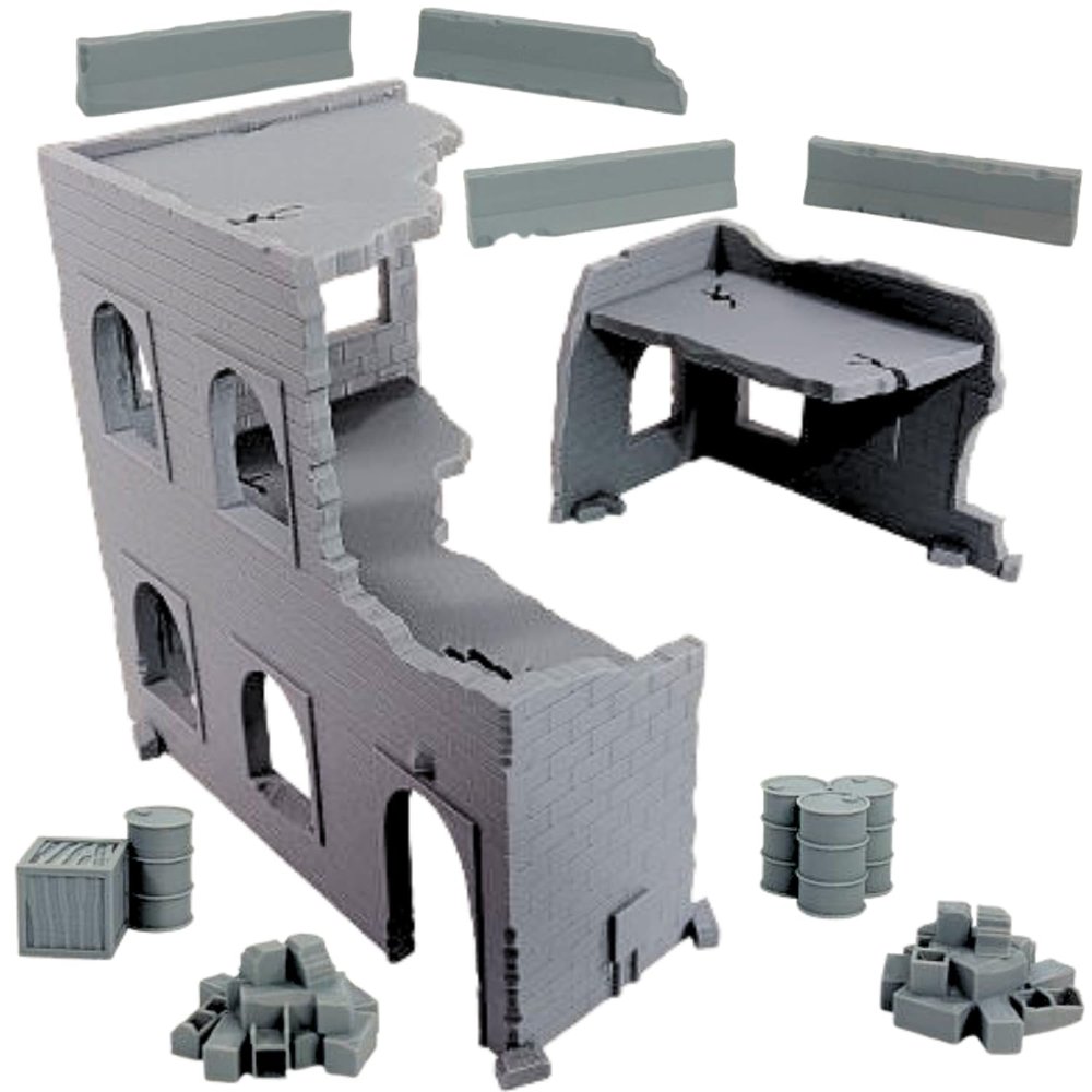 Tabletop Terrain Two-Story Building Ruins 10 Piece Set Plus 1 Bonus Piece with 2 Building Ruins, 4 Jersey Barricades, 2 Block/Brick Piles, 1 Three Oil Drums Cluster, and 1 Oil Barrel with Wooden Crate
