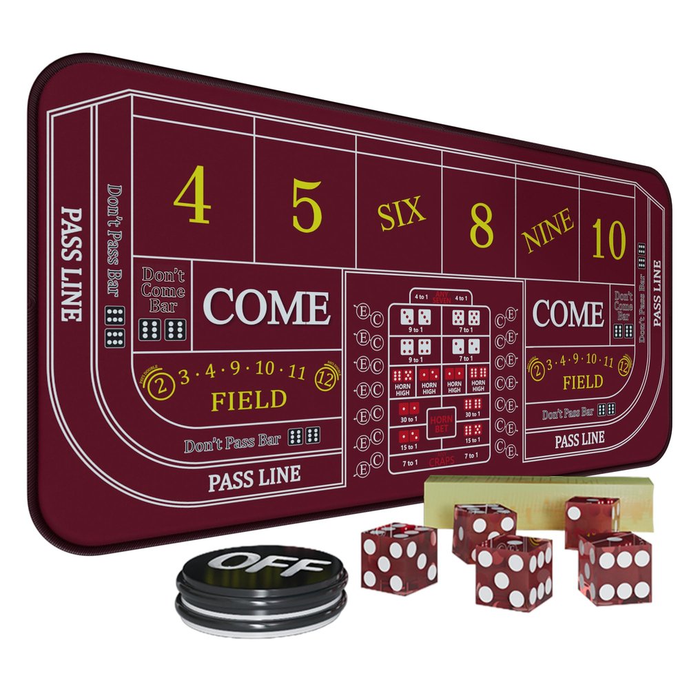 iEsstros Craps Table Top Set Craps Mat 70" x 35" Craps Table Mat Craps Table Top Mat with 5 Craps Casino Craps ON/Off Poker Button Storage Bag Craps Game Layout-Red