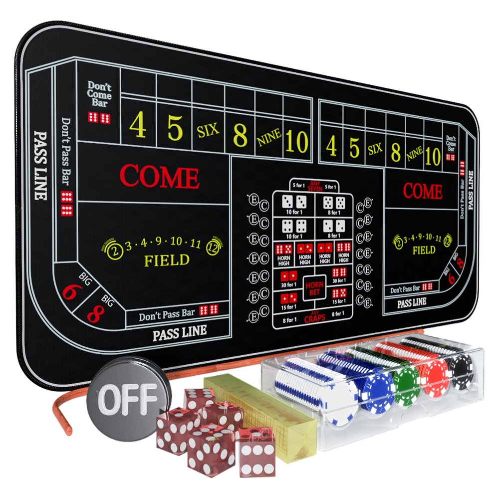 iEsstros Craps Table Top Set Craps Mat 70" x 35" Double Dealer Craps Table Top Mat with 5 Casino Dice Casino Craps Stick 100 Poker Chips Craps ON/Off Poker Button Storage Bag-Black