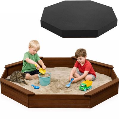 85"x78" Octagon Wooden Sandbox with Waterproof Cover & Liner, Large Outdoor Sandpit with Benches, Fir Wood Sand Box for Kids Backyard Play, Weather-Resistant,Walnut
