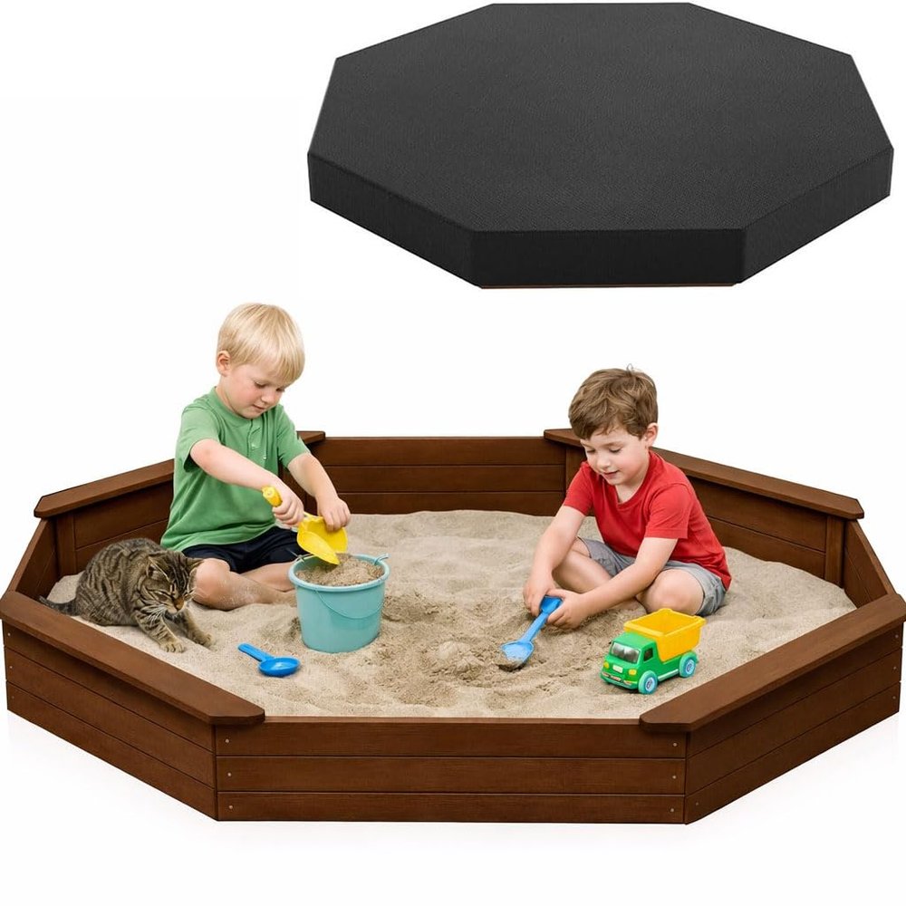 85"x78" Octagon Wooden Sandbox with Waterproof Cover & Liner, Large Outdoor Sandpit with Benches, Fir Wood Sand Box for Kids Backyard Play, Weather-Resistant,Walnut