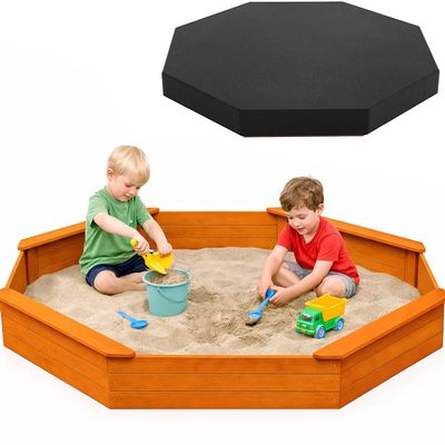 85"x78" Octagon Wooden Sandbox with Waterproof Cover & Liner, Large Outdoor Sandpit with Benches, Fir Wood Sand Box for Kids Backyard Play, Weather-Resistant, Natural