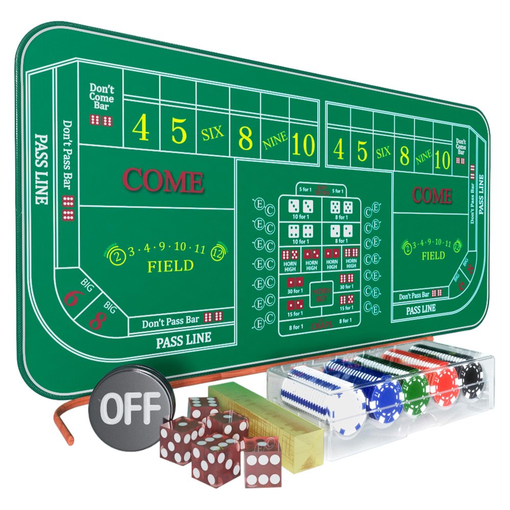 iEsstros Craps Table Top Set Double Dealer Craps Mat 70" x 35" Craps Table Top Mat with 5 Casino Dice Casino Craps Stick 100 Poker Chips Craps ON/Off Poker Button Storage Bag-Green