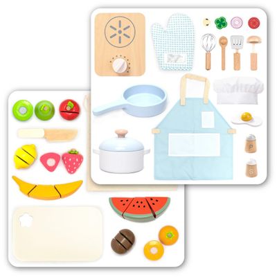 UMU Wooden Kids Cooking Set Pretend Play Kitchen Toy with Pots, Pans, Play Food, Utensils, Apron & Chef Hat for Kids Ages 3+ & Cutting Fruit Set for Toddlers and Kids Ages 2+ Bundle