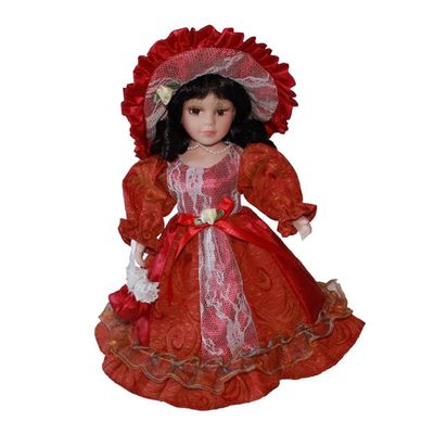 12-inch Porcelain Doll with Elegant Display Stand, Red