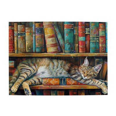 Cafemira Wooden Jigsaw Puzzle 500 Pcs for Adult,Cat Sleeps On The Bookshelf,Hands On Assembly of Your Home Decor Wall Art,Relieve Stress and Enjoy The Fun of Solving Puzzles,Gift for Pet Lovers