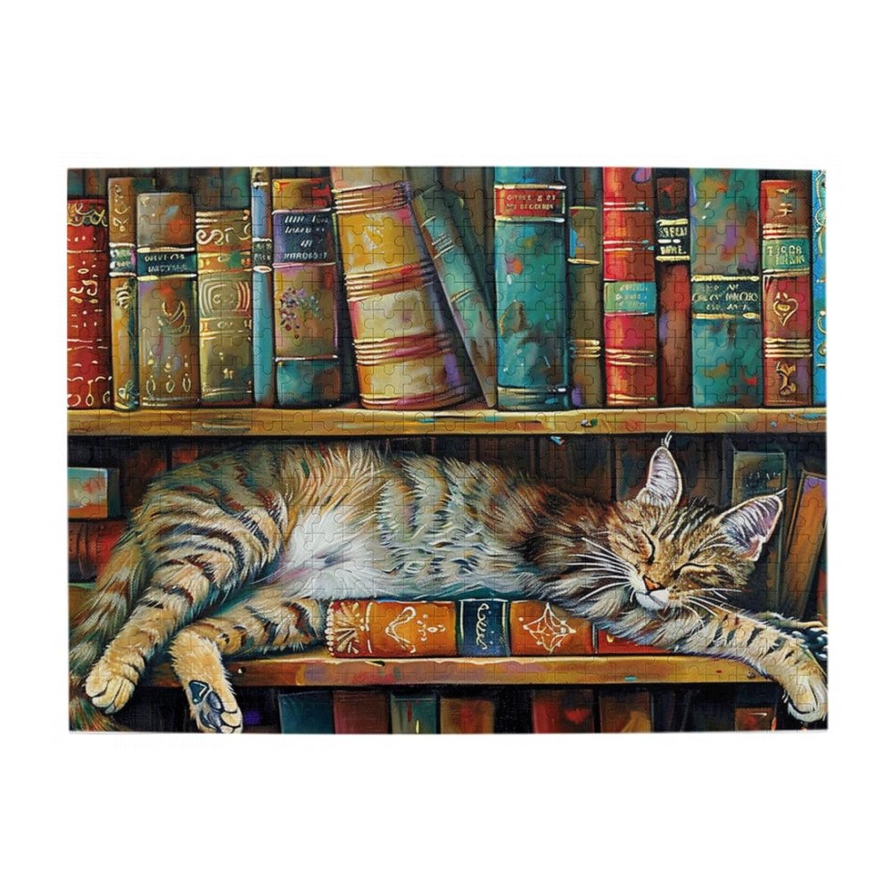Cafemira Wooden Jigsaw Puzzle 500 Pcs for Adult,Cat Sleeps On The Bookshelf,Hands On Assembly of Your Home Decor Wall Art,Relieve Stress and Enjoy The Fun of Solving Puzzles,Gift for Pet Lovers
