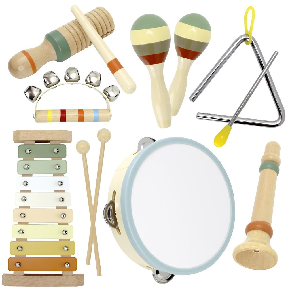 Baby Musical Instruments Montessori Wooden Toys for Toddlers, Neutral Colors Percussion Instruments Set, Modern Boho Xylophone Tambourin