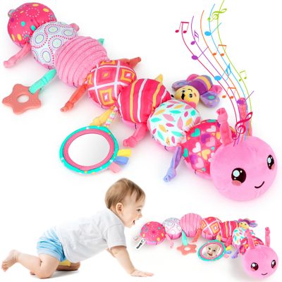 Baby Girls Toys 6-12 Months - Infant 6-in-1 Sensory Music Animal Stuffed Caterpillar Toy with Rattle & Mirror Crinkle for Tummy Time, Newborn 0 3 6 9 12 18 Shower Gifts Soothing Companion Toys, Pink