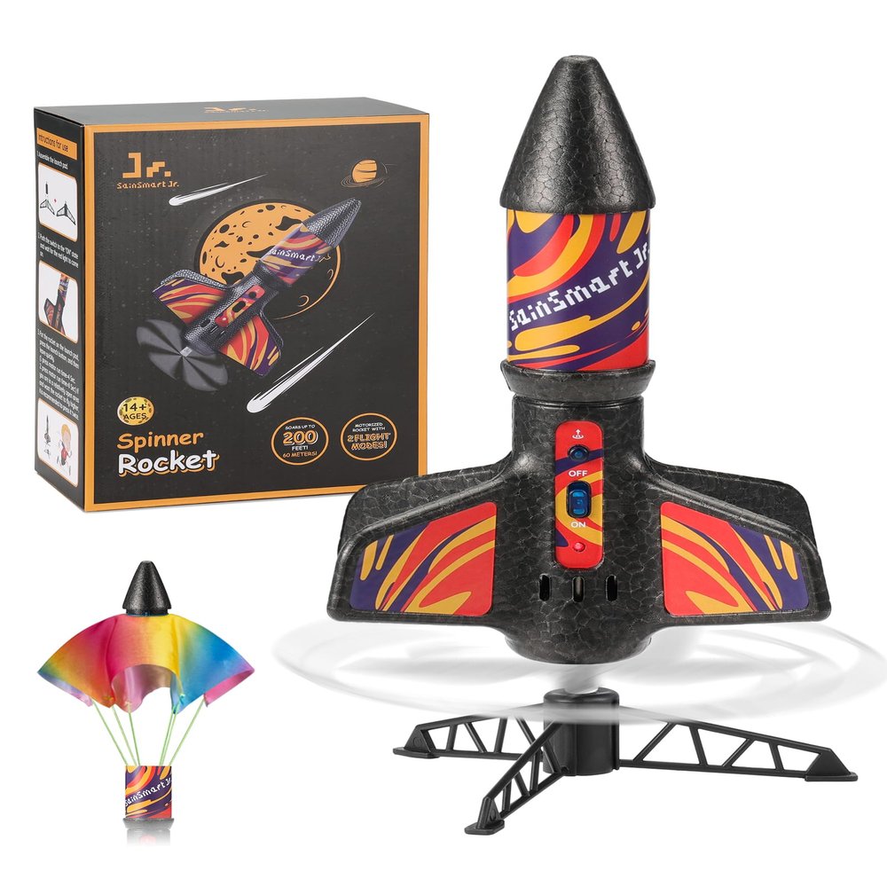 SainSmart Jr. Rocket Launcher for Kids, Motorized Air Rocket Toy with Parachute, Self-Launching up to 200 ft, Outdoor Toys for Ages 8-12, Birthday Gifts for Boys & Girls
