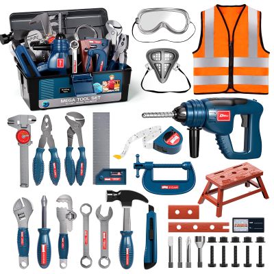 Deejoy Tool Set with Tool Box & Electronic Toy Drill, Pretend Play Kids Construction Kits for Kids Ages 3-5 Years Old, Toddler Boy Toys(Blue)