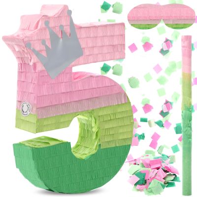 Arrowbash Number 5 Piata Pink and Green Birthday Decorations Witch Themed Party Favor with Stick Blindfold and Confetti, Your Birth Day Gift for Kids Girls Boys, 15.9 x 11 x 2.7''