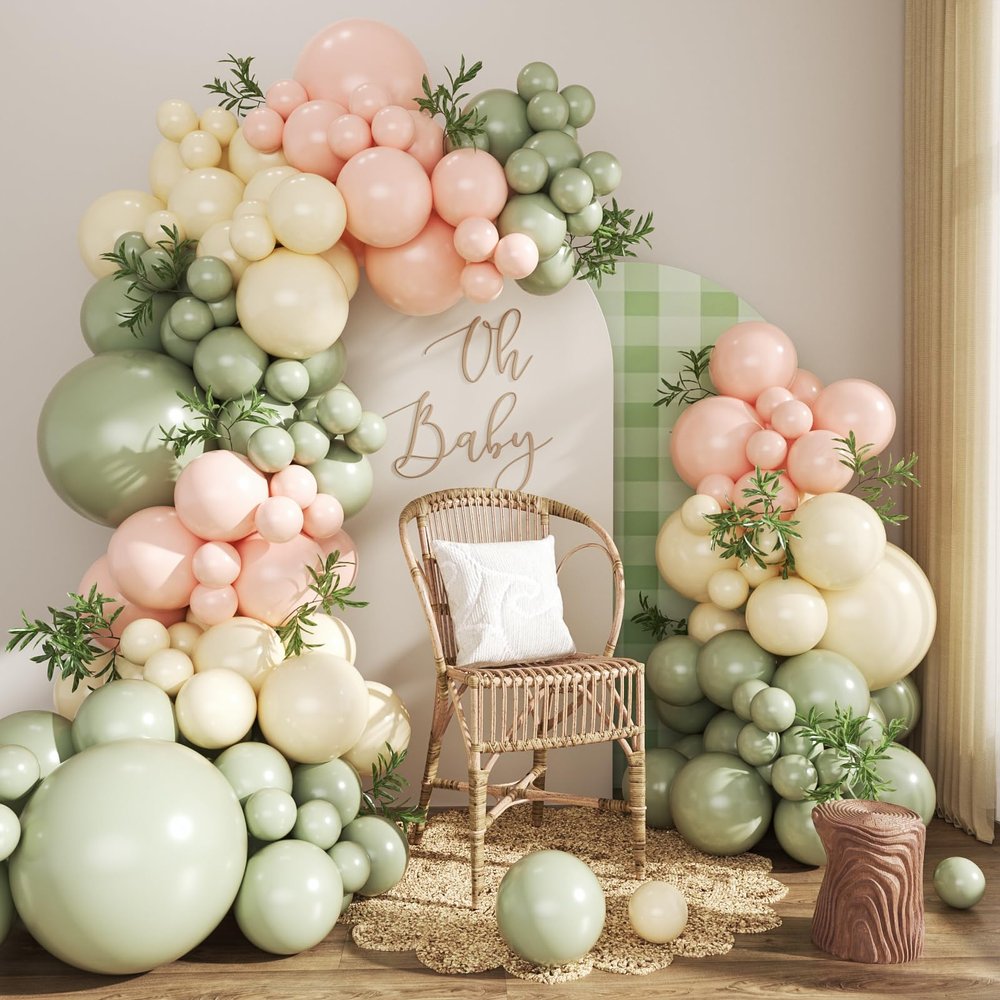 Pink and Green Balloon Arch Kit 124Pcs Sage Green Peach Ivory White Balloons Different Size for Baby Shower Wedding Bridal Shower Birthday Gender Reveal Party Decorations