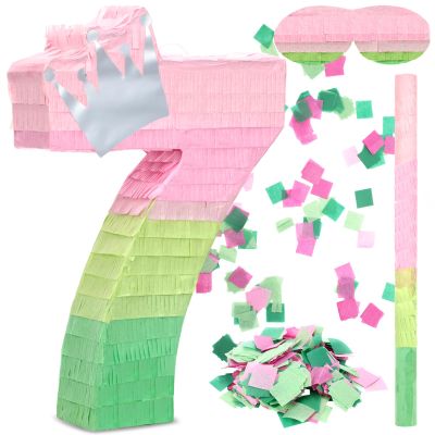 Arrowbash Number 7 Piata Pink and Green Birthday Decorations Witch Themed Party Favor with Stick Blindfold and Confetti, Your Birth Day Gift for Kids Girls Boys, 15.9 x 11 x 2.7'
