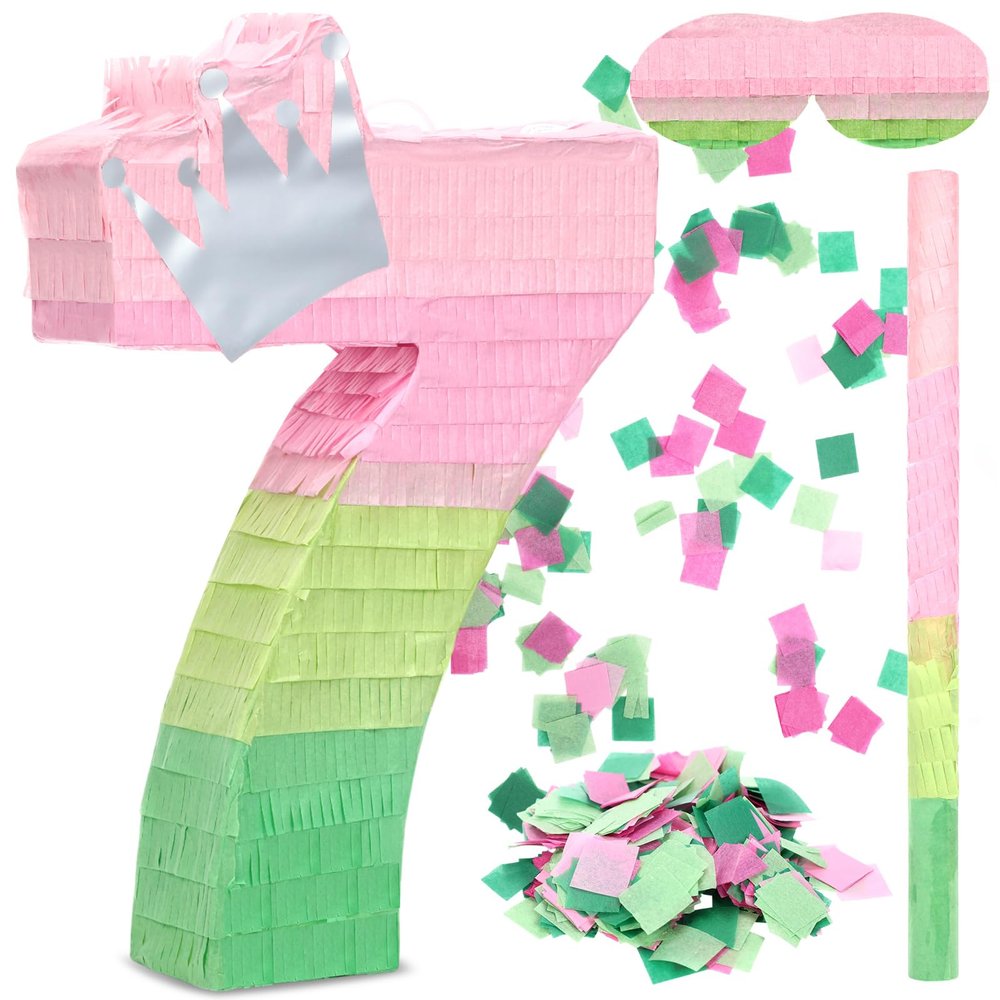 Arrowbash Number 7 Piata Pink and Green Birthday Decorations Witch Themed Party Favor with Stick Blindfold and Confetti, Your Birth Day Gift for Kids Girls Boys, 15.9 x 11 x 2.7'