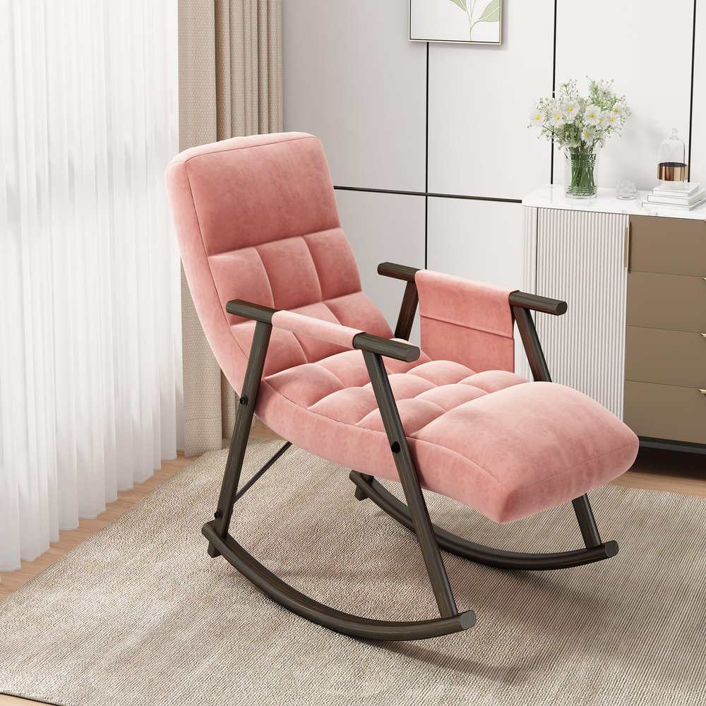 Casual Folding Rocking Chair upholstered, Lounge Rocking Chair Adjustable high Back and Foot Rest,Side Pockets Placed in Living Room Bedroom Balcony