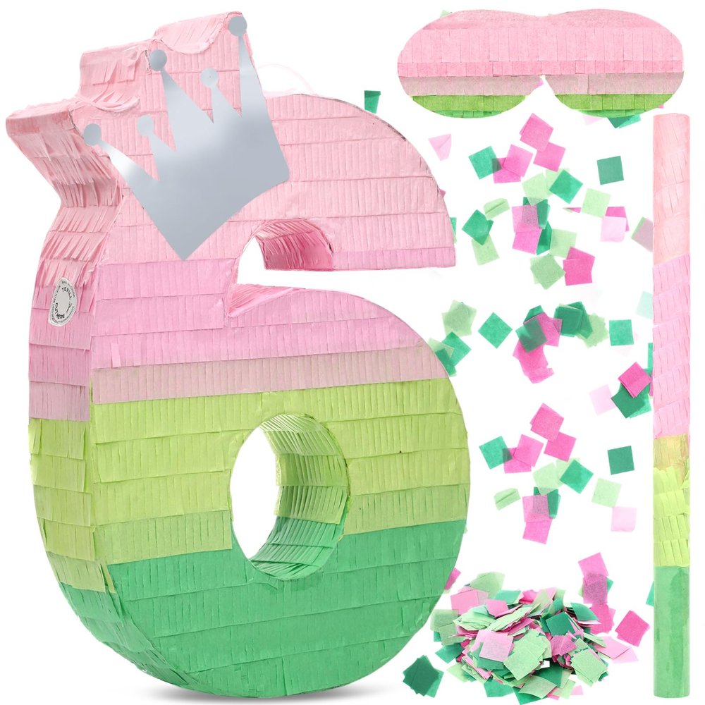 Arrowbash Number 6 Piata Pink and Green Birthday Decorations Witch Themed Party Favor with Stick Blindfold and Confetti, Your Birth Day Gift for Kids Girls Boys, 15.9 x 11 x 2.7''