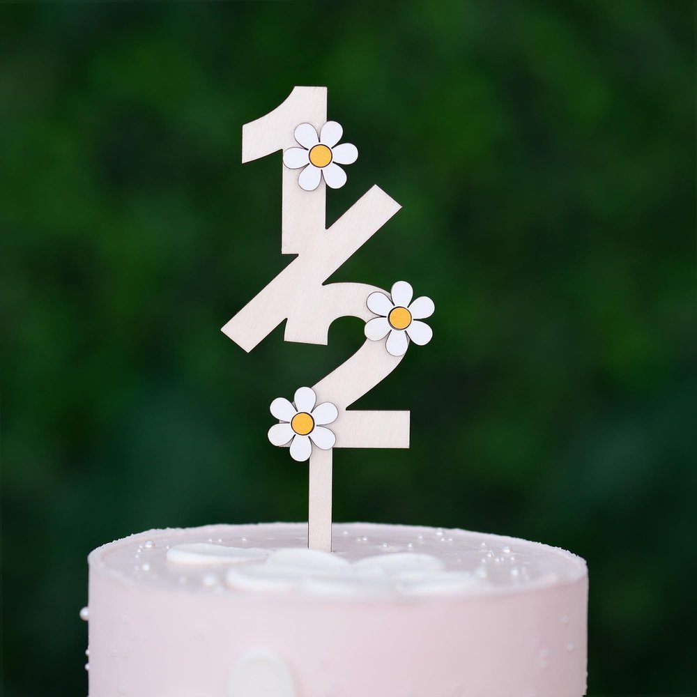 1/2 Daisy Wooden Cake Topper Happy Half Birthday Decorations 6 Months Party Supplies
