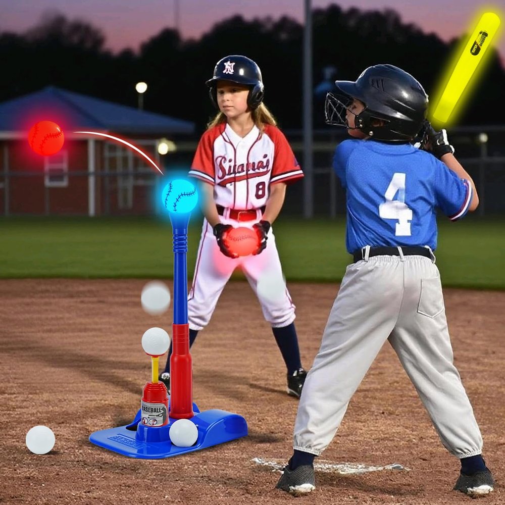 2 in 1 Glow In The Dark T Ball Sets for Kids 3-5 5-8,Light up Tee Ball Set with Automatic Pitching Machine/Adjustable Glow Batting Bat & Stand/6 Balls /2 Glow Balls, Baseball Toys for Toddlers Boys