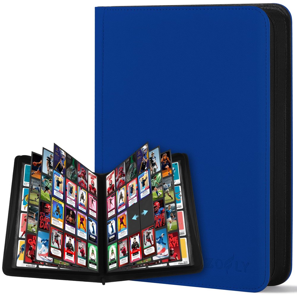 16 Pocket Card Binder, 1000+ Premium Zip Trading Card Binder, Double-sided Side Loading Card Collection Binder Album, Durable Leather Cover, Ringless Card Folder for Gifts, MTG, TCG, Sport Cards, Blue