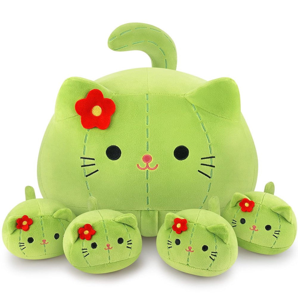 5 PCS Cactus Cat Plush Stuffed Animal Family-19" Soft Cactus Cat Plush, Large Mommy Plushies with 4 Baby Kittens Plushies for Kids, Kawaii Plush Toy Christmas Birthday Gifts for Kids Boys Girls