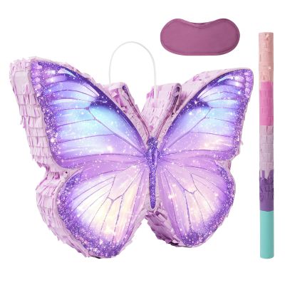 Butterfly Piata - Purple Butterfly Piata with Bat and Blindfold for Girls Kids Purple Themed Birthday Party Game Decorations (16x11.5x3)
