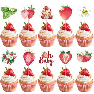 20 Pcs Cute Strawberry Cupcake Toppers - Perfect Strawberry Cake Decorations for Women & Girls' Fruit - Themed Birthday Parties, Baby Showers, Weddings and Other Festive Occasions
