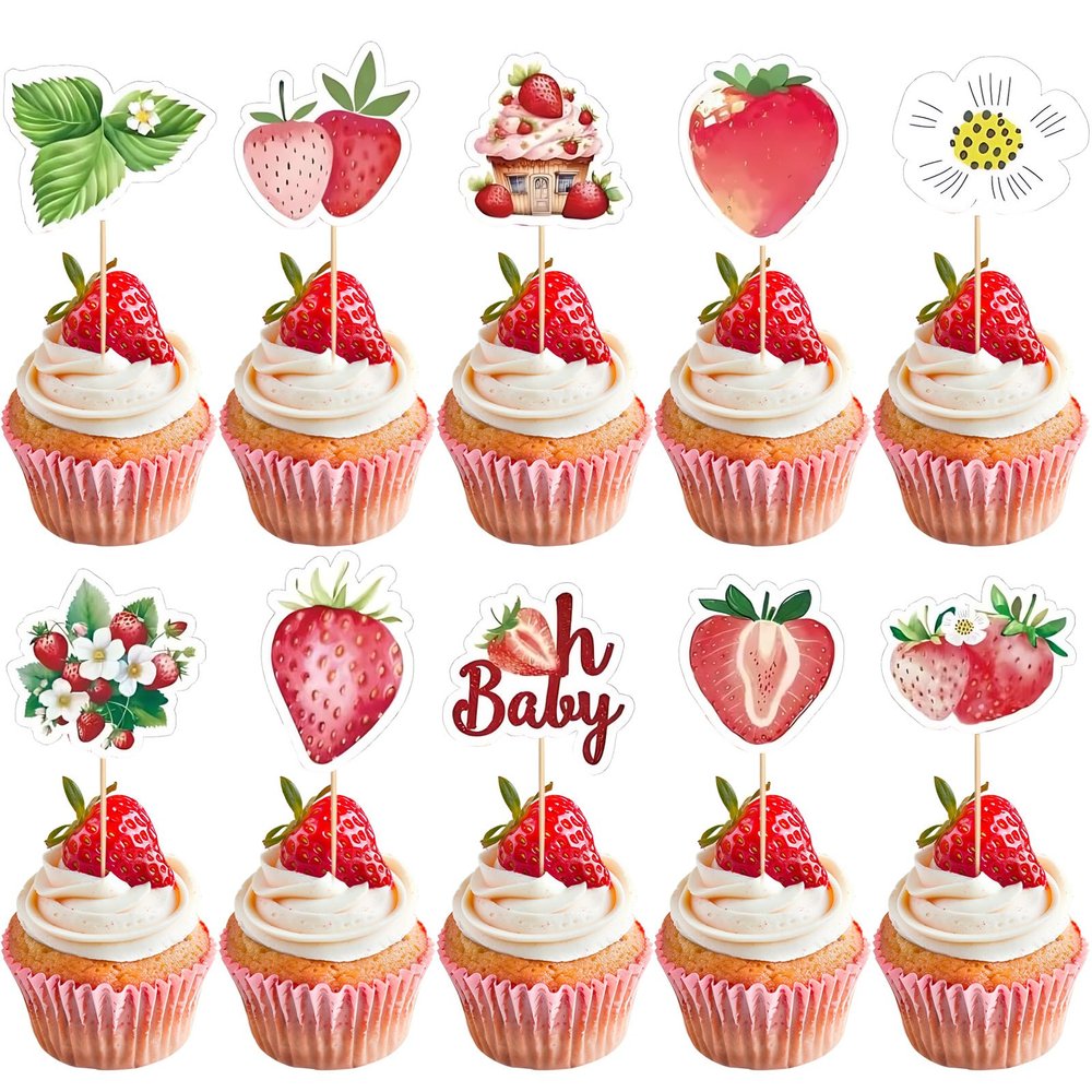 20 Pcs Cute Strawberry Cupcake Toppers - Perfect Strawberry Cake Decorations for Women & Girls' Fruit - Themed Birthday Parties, Baby Showers, Weddings and Other Festive Occasions