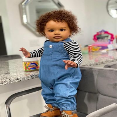 Anano 26" Extra Large Realistic Black Baby Boy Doll - Lifelike Biracial Reborn Toddler with Dark Skin Tone & Tightly Rooted Curly Hair, Denim Overalls + Shoes - Premium Silicone Doll for Kids 3+