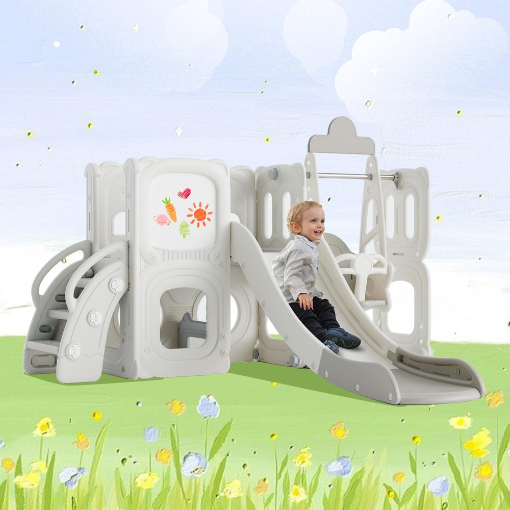 5 in 1 T oddler Slide and Swing Set, Playground Climber Slide Playset with Drawing Whiteboard, Freestanding Combination for Babies