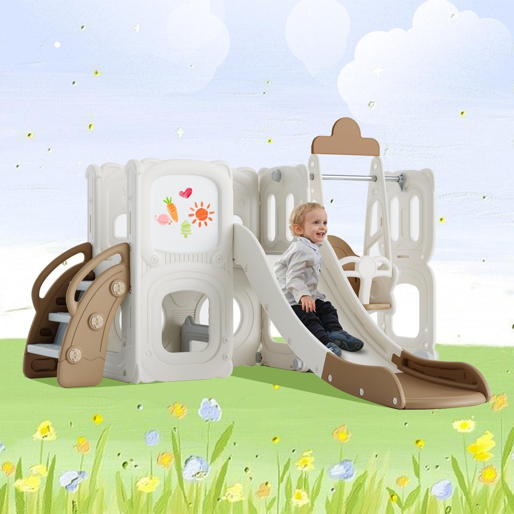 5 in 1 T oddler Slide and Swing Set, Playground Climber Slide Playset with Drawing Whiteboard, Freestanding Combination for Babies