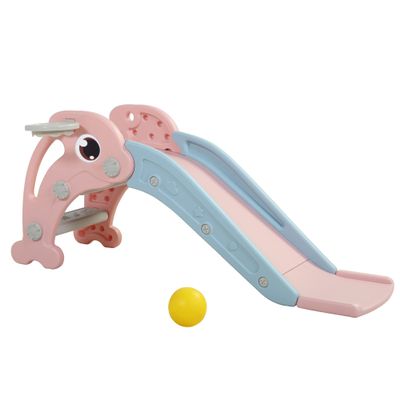 2 in 1 Slide, Toddler Freestanding Extra Long Slide with Basketball Hoop Ball, Indoor Outdoor, Pink