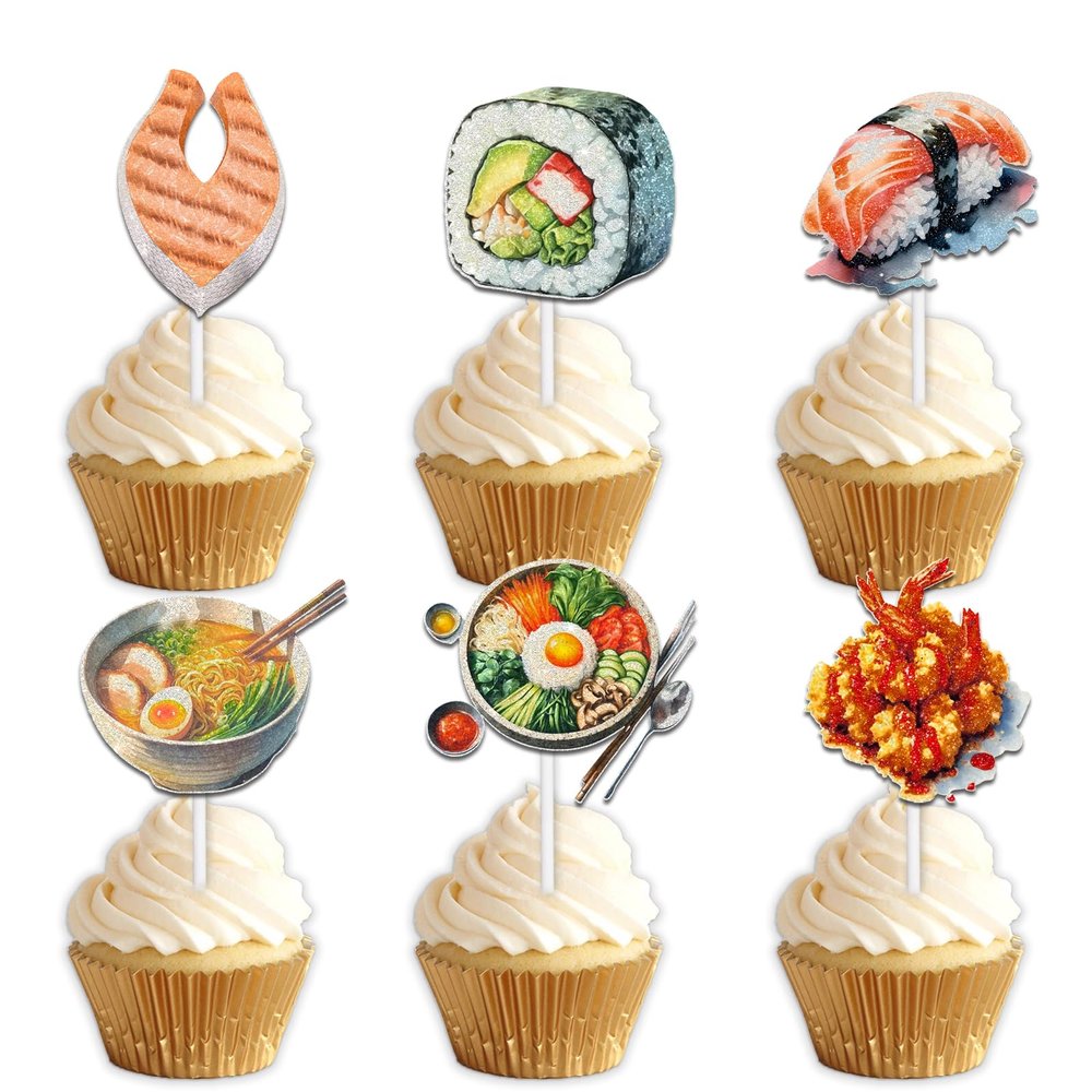 18pcs Glitter Dessert Cupcake Topper Pick for Japanese Food Sushi Theme Decor Supplies Men Woman Happy Birthday Baby Shower Party Decorations
