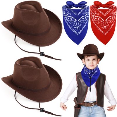 Xtinmee 2 Pcs Kids Cowboy Hat Paisley Scarves for Boys Girls Wool Toddler Cowgirl Hats with Bandana for Kids(Brown)