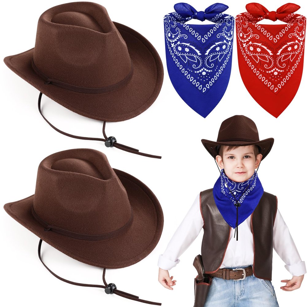 Xtinmee 2 Pcs Kids Cowboy Hat Paisley Scarves for Boys Girls Wool Toddler Cowgirl Hats with Bandana for Kids(Brown)