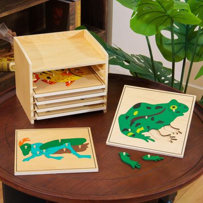 Premium Montessori Animal Puzzle Cabinet with 6 Puzzles 15" Horse Fish Turtle Bird Frog Ant Wooden Zoology Biology Materials for Kids, Educational Toys for Kids Toddler Classroom Homeschool Learning