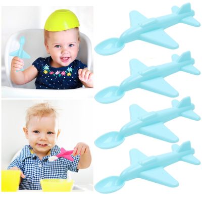 4PC Plastic Airplane Spoon for Kids, Durable Lightweight Mini Tableware for Home Kitchen, Travel, Picnics, Portable Utensil for Snacks, Desserts, and Soups (Blue)