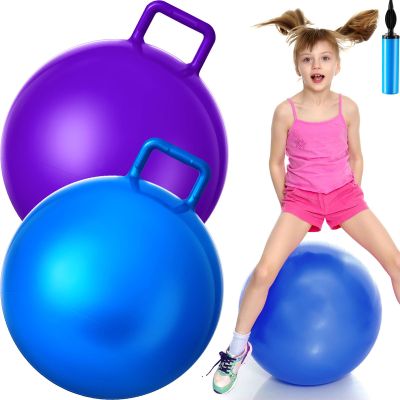 Lewtemi 2 Pcs 22 Inch Big Bouncing Ball with Handle Jumping Hopper Bouncy Ball for Adults Exercise and Air Pump for Outdoor Sports Game(Blue, Purple)