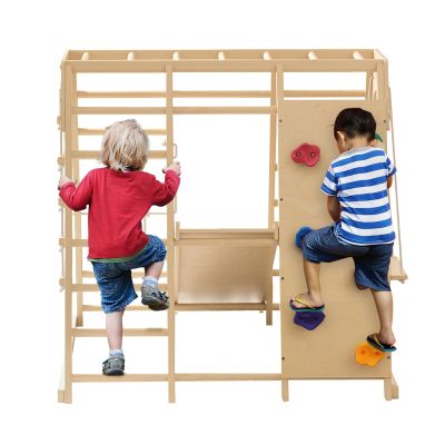 AMAMIA Indoor Playground for Kids & Toddlers Ages 3-8,7-in-1 Jungle Gym Playset for Slide, Climbing Wall, Rope Ladder, Monkey Bars, Swing - Waldorf and Montessori Style Wooden Climb Set Multicolor