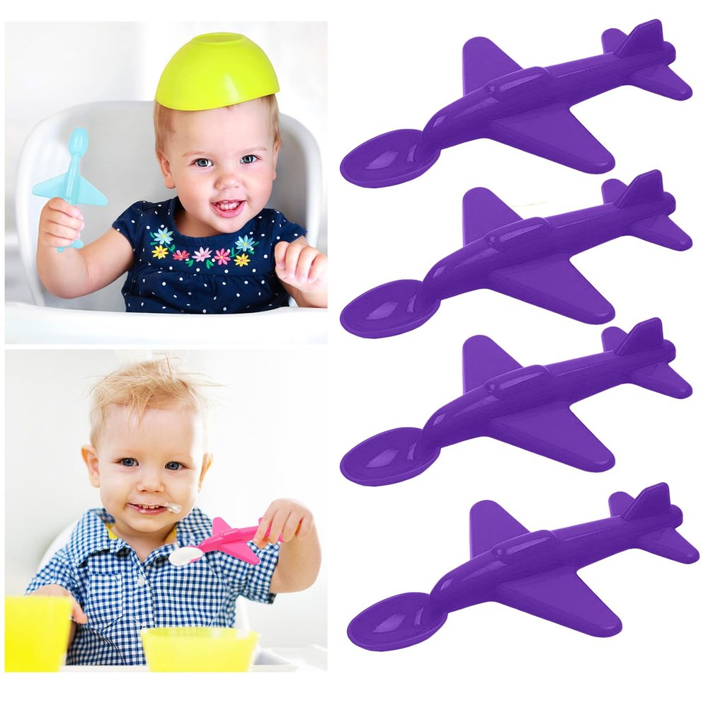 4PC Plastic Airplane Spoon for Kids, Durable Lightweight Mini Tableware for Home Kitchen, Travel, Picnics, Portable Utensil for Snacks, Desserts, and Soups (Purple)
